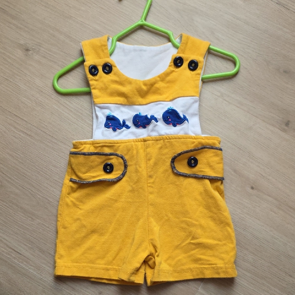 Whale Appliqué Kids Mustard Shortalls Size 3-6M